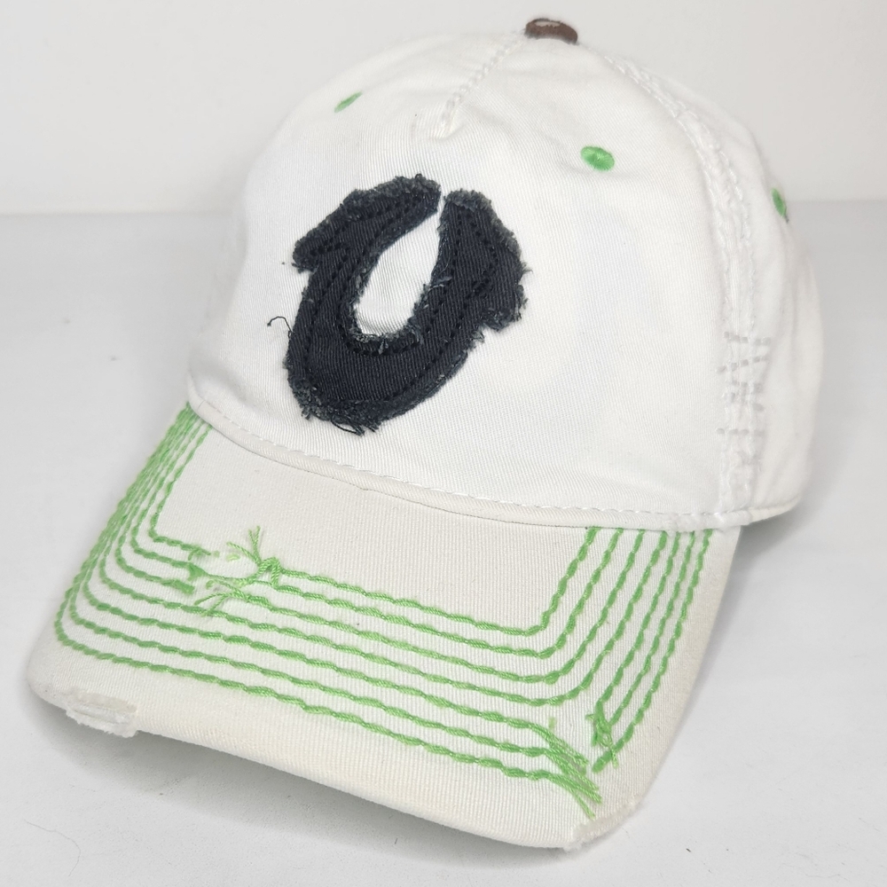 True Religion Distressed Embroider Horseshoe Logo Hat Cap Strapback White Green